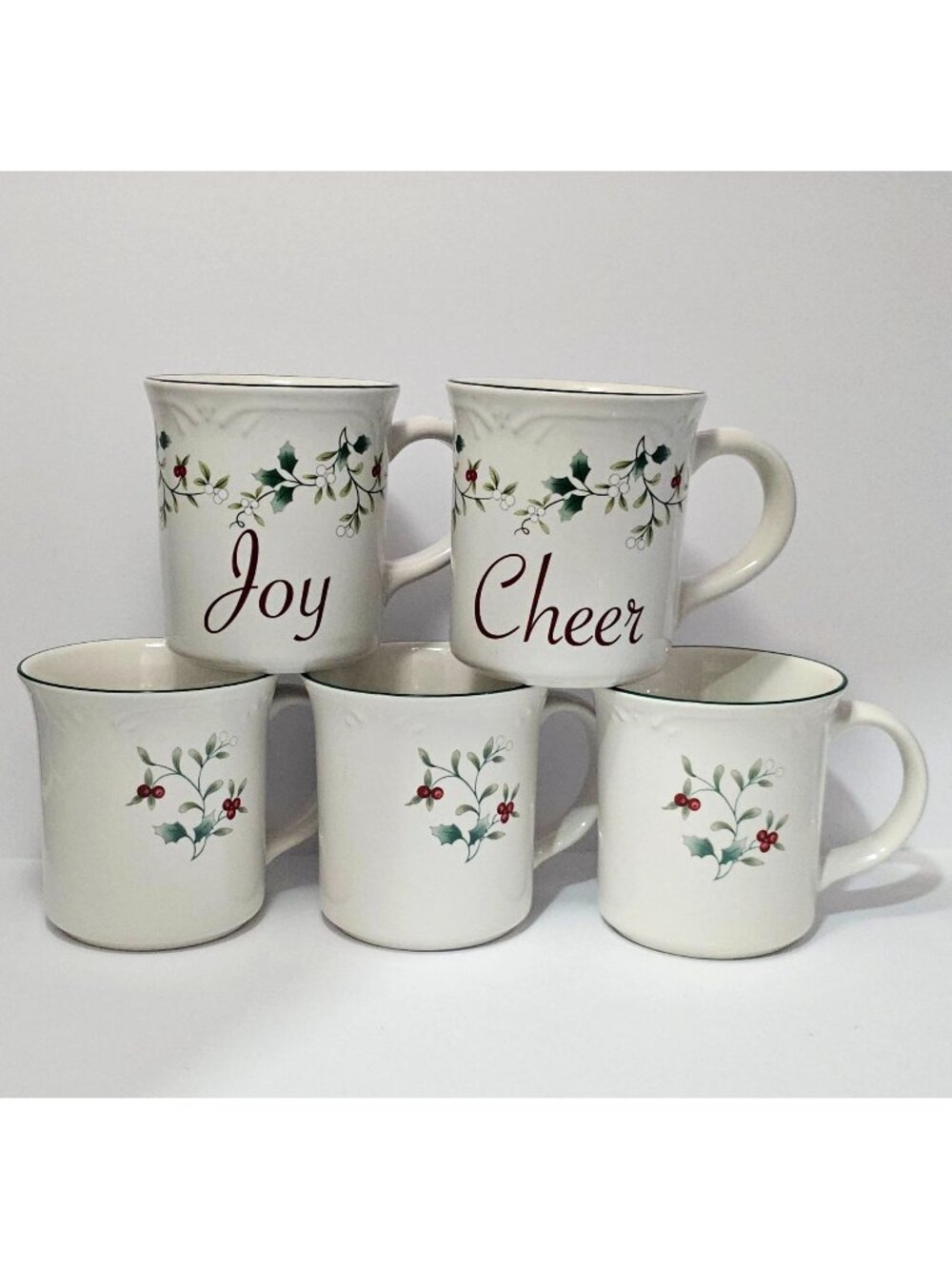 5 Pfaltzgraff Winterberry Mugs Holiday Joy Cheer Dishwasher Microwave Safe 12oz